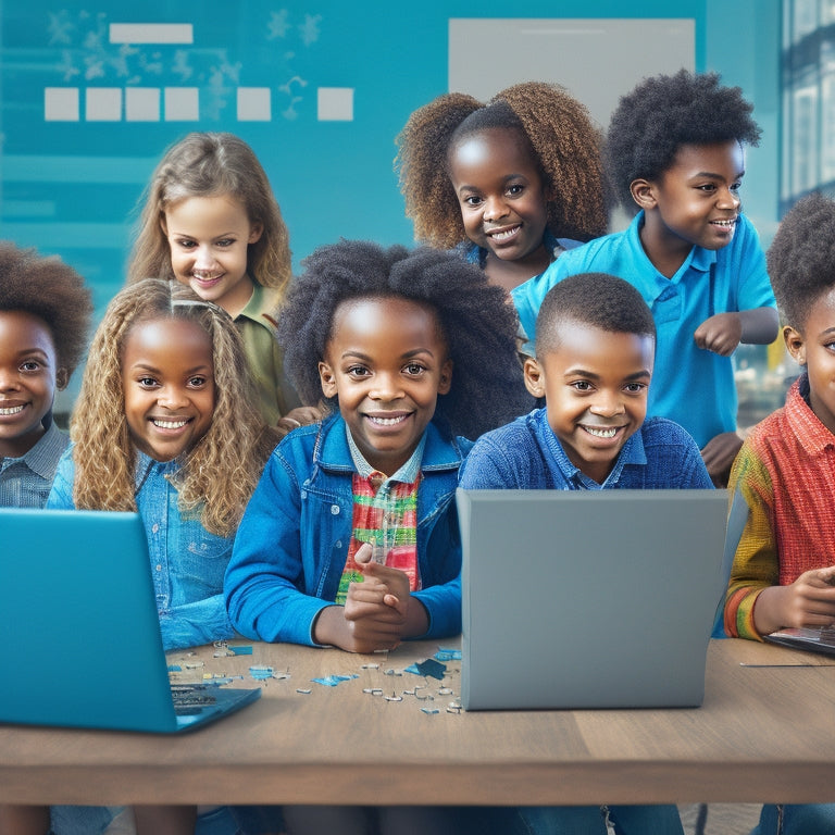 An illustration of a happy, diverse group of children sitting at desks, surrounded by laptops and tablets, with a subtle background of locks, shields, and puzzle pieces, conveying a sense of secure online learning.