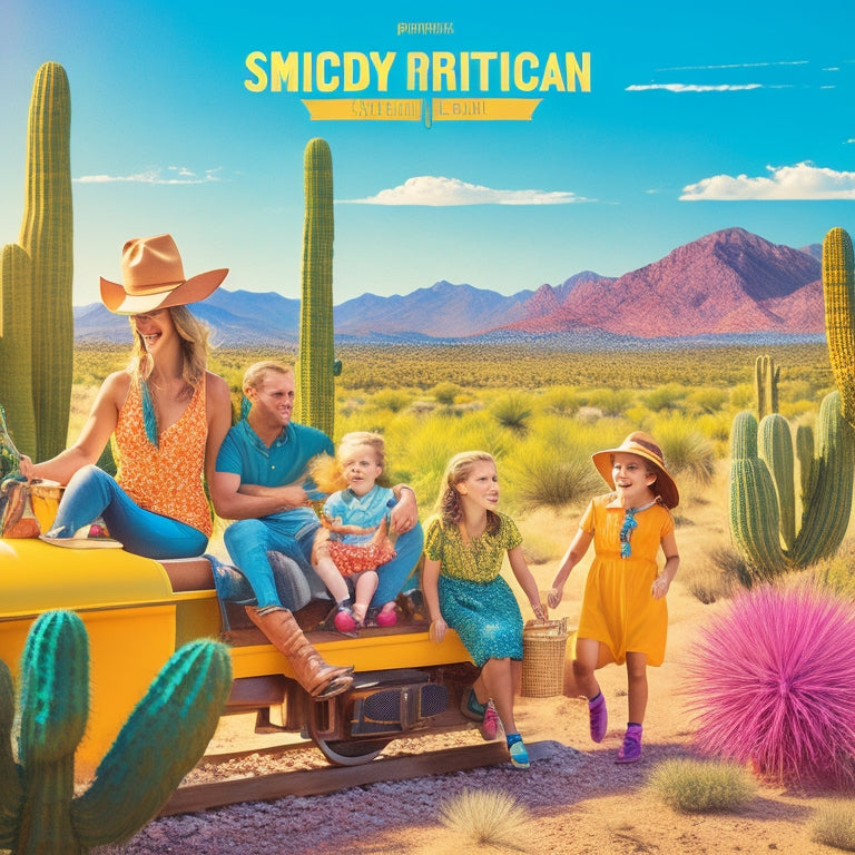 A vibrant illustration of a sunny Tucson summer day, featuring a smiling family of four riding a colorful train, surrounded by cacti, palm trees, and a distant mountain range.