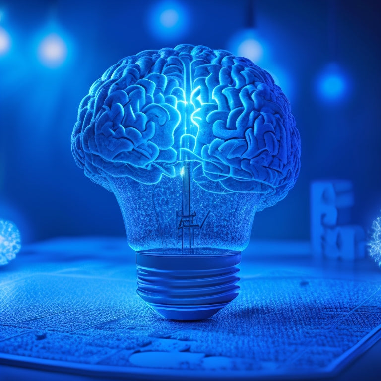 A brain surrounded by bursting lightbulbs, puzzle pieces, and mathematical symbols, set against a dark blue background with subtle grid patterns, with a subtle hint of a smile on the brain's surface.