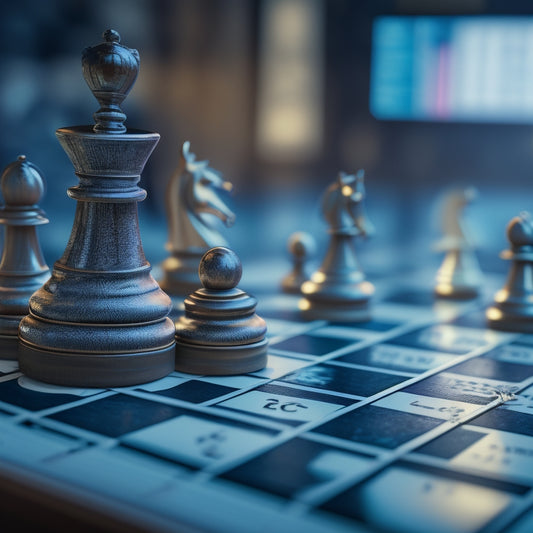 An illustration of a chessboard with stock market symbols and math equations replacing traditional pieces, set against a blurred background of financial news tickers and charts.