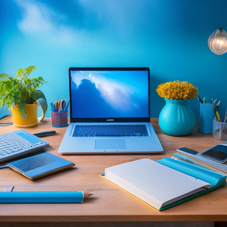 A colorful, clutter-free desk with a laptop, open notebook, and sharpened pencils, surrounded by subtle, swirling clouds of light blue and green, symbolizing online learning and guidance.