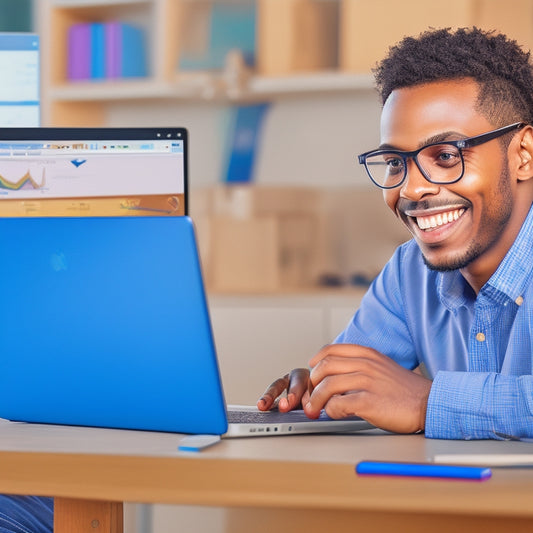 A illustration of a smiling dyscalculia learner sitting in front of a laptop, surrounded by math-related objects, with a virtual tutor appearing on the screen, both learner and tutor gesturing to a math problem.