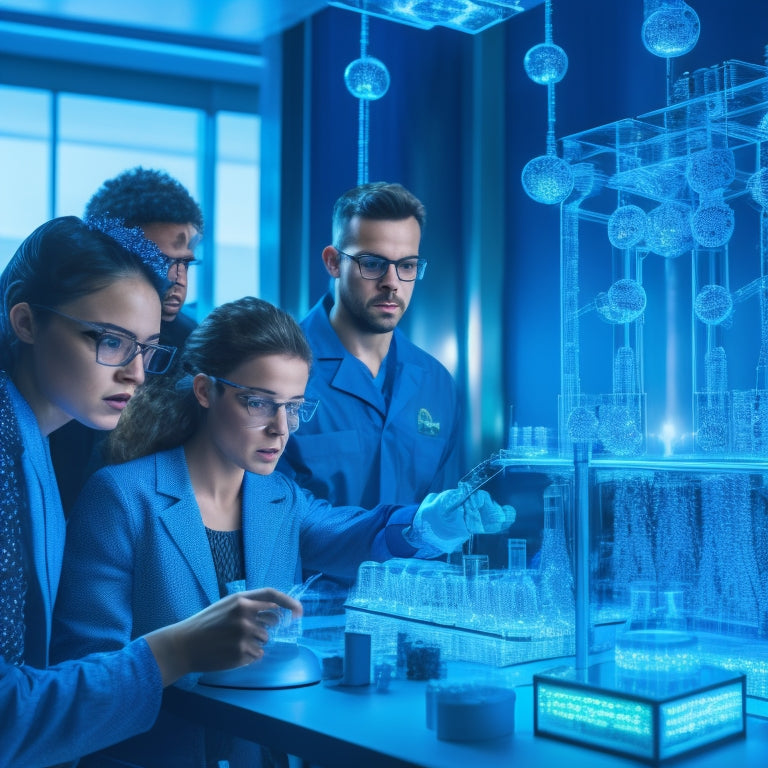 A futuristic laboratory with glowing blue circuit boards, 3D molecular models, and a large screen displaying a virtual DNA helix, surrounded by diverse students engaged in hands-on experiments.