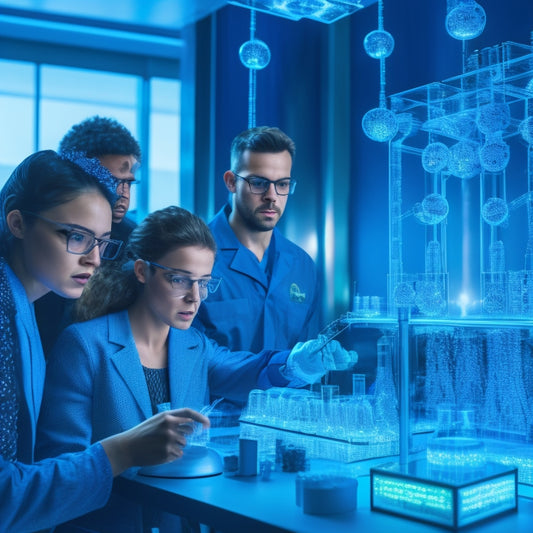 A futuristic laboratory with glowing blue circuit boards, 3D molecular models, and a large screen displaying a virtual DNA helix, surrounded by diverse students engaged in hands-on experiments.