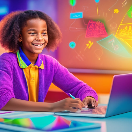 A colorful illustration of a smiling 6th-grade student sitting in front of a laptop, surrounded by virtual math problems and interactive graphs, with a subtle background of a futuristic classroom.