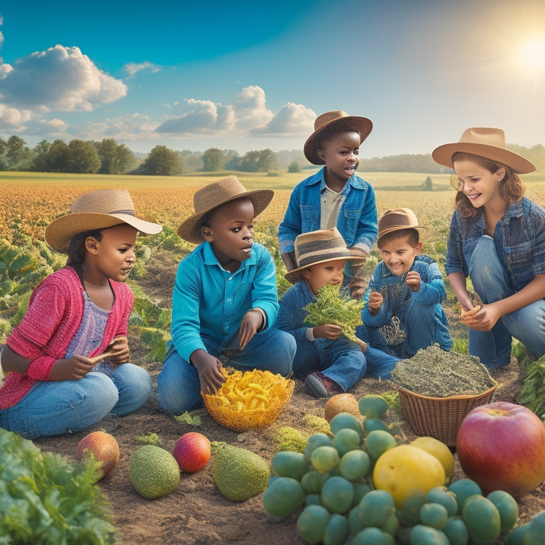 An illustration of diverse children gathered around a farmer, surrounded by vibrant fruits and vegetables, holding various educational tools, such as magnifying glasses and tablets, amidst a sun-drenched farm landscape.
