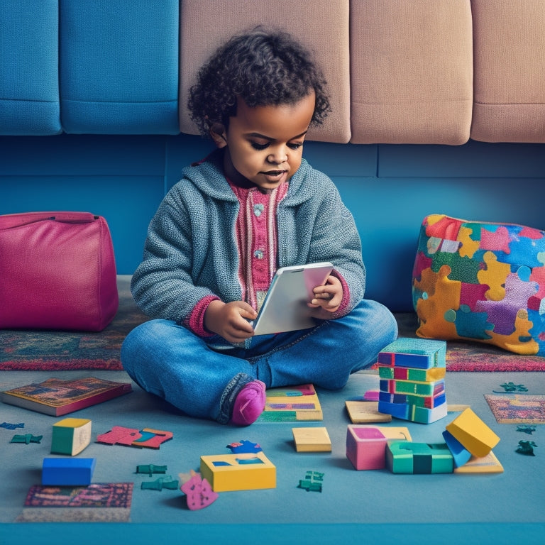 A colorful illustration of a young child sitting cross-legged on a floor, surrounded by tablets and smartphones, with speech bubbles filled with alphabet blocks and puzzle pieces.