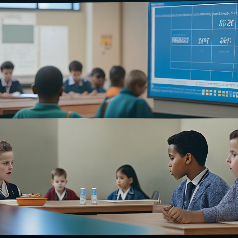 A split-screen image featuring a traditional classroom with students staring blankly at a blackboard, contrasted with a solo student in a bright, modern space surrounded by digital screens and math symbols.