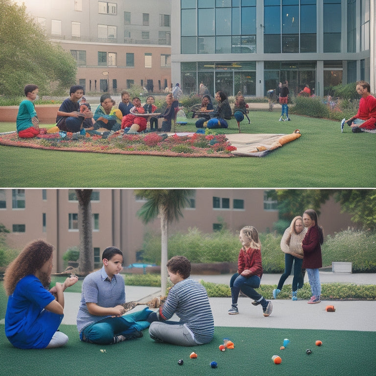 A warmth-filled scene depicting students of diverse ages, ethnicities, and abilities engaging in various activities: playing musical instruments, painting, and playing soccer in a lush green courtyard surrounded by modern buildings.