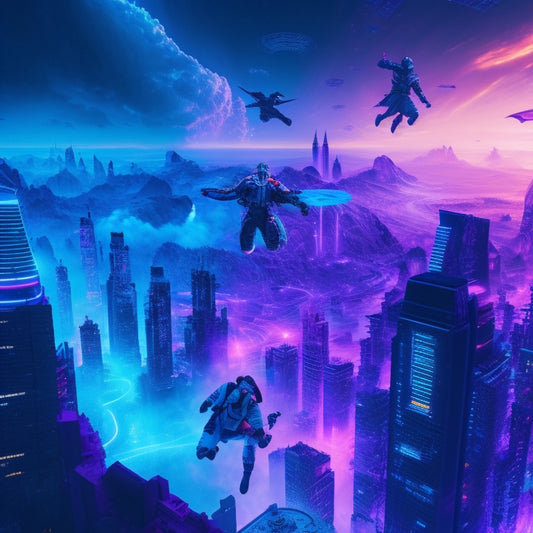 A futuristic, neon-lit cityscape at dusk, with gamers' avatars flying, jumping, and interacting amidst swirling clouds of code, circuits, and gaming controllers, set against a vibrant, electric blue background.