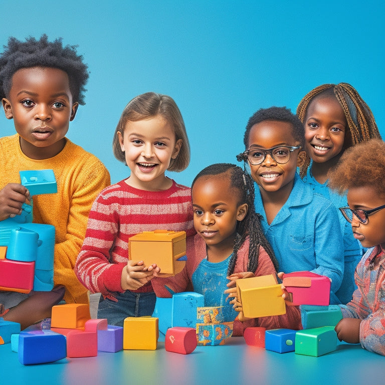 A vibrant illustration of a group of diverse children aged 4-10, engaged in various educational activities on tablets, surrounded by colorful blocks, toys, and learning aids, set against a bright blue background.