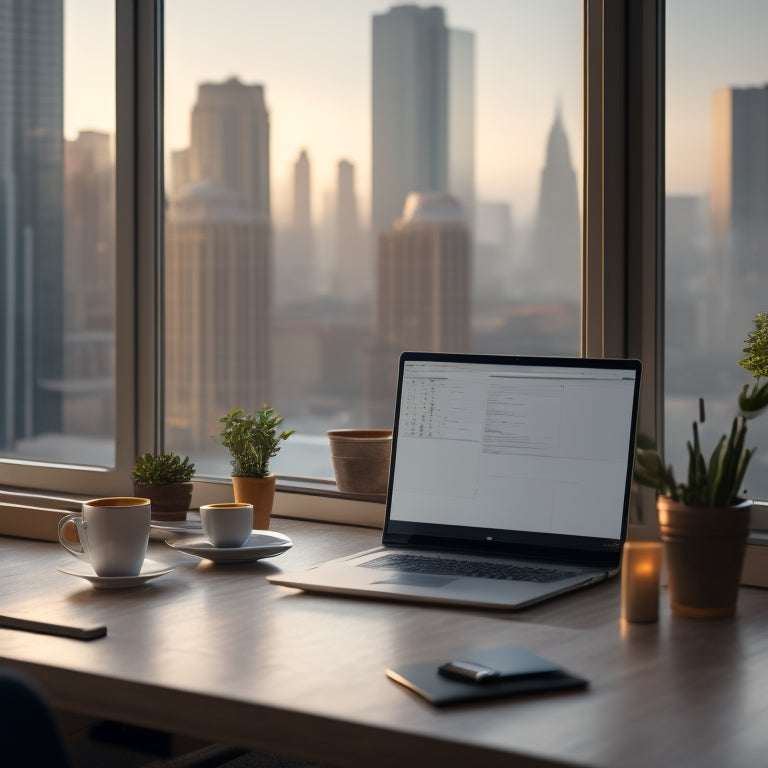 A serene, minimalist workspace with a laptop, a cup of steaming coffee, and a few scattered notebooks, surrounded by a blurred cityscape or outdoor scenery in the background.