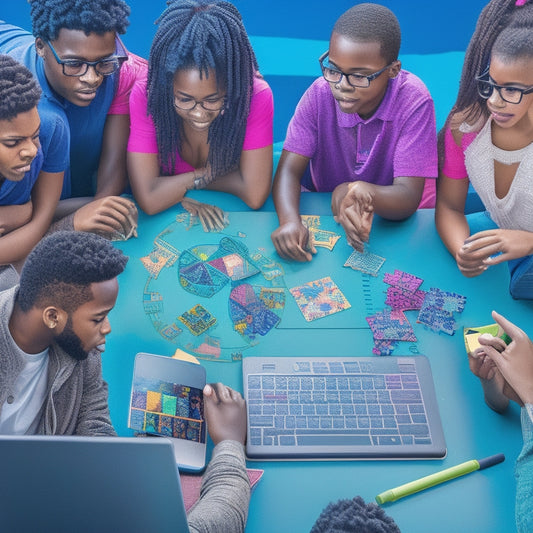 A colorful illustration of a diverse group of students engaging in various online math activities, surrounded by laptops, tablets, and virtual math manipulatives, with puzzle pieces and math symbols floating in the background.