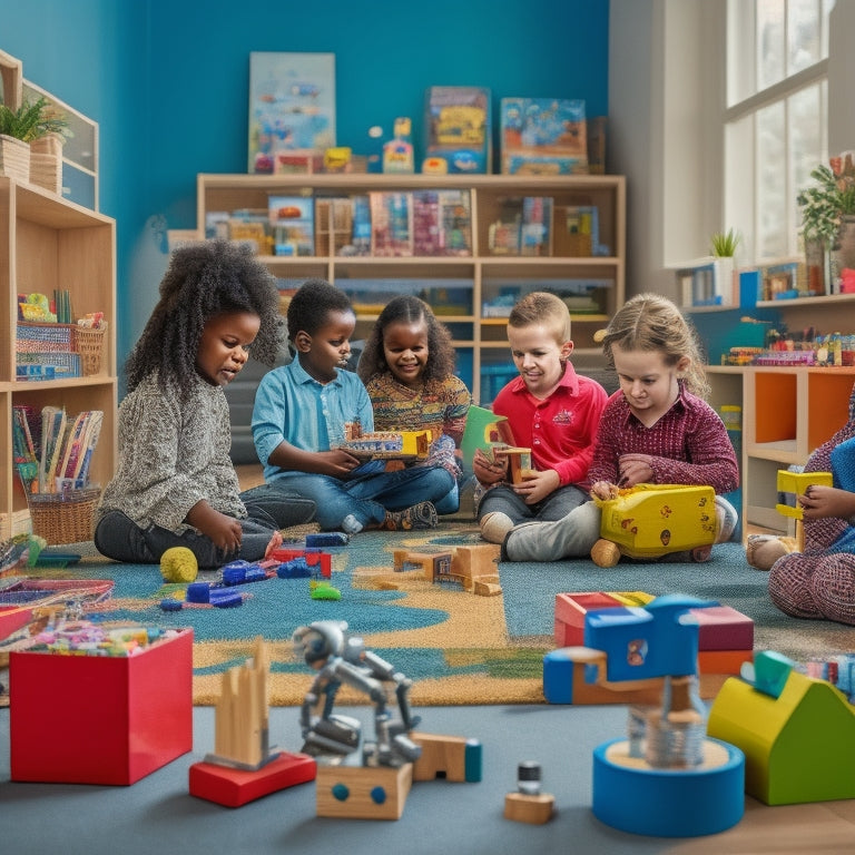 A colorful playroom scene with a group of 6-7 year olds engaged with various educational toys, including a wooden puzzle, a microscope, building blocks, and a robot, surrounded by books and art supplies.