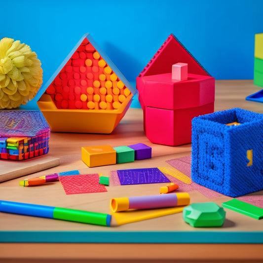 A vibrant, clutter-free desk scattered with an assortment of colorful math manipulatives, including pattern blocks, geometric shapes, and measuring cubes, surrounded by pencils and a partially open math workbook.