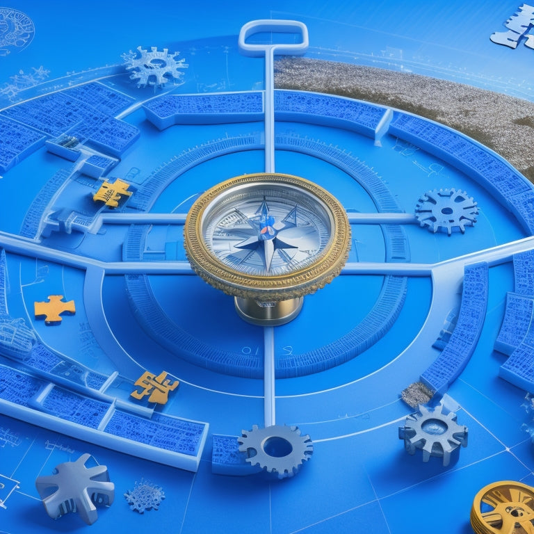 An illustration of a personalized roadmap, with a compass at the center, surrounded by puzzle pieces, gears, and math symbols, set against a bright blue background with subtle grid lines.