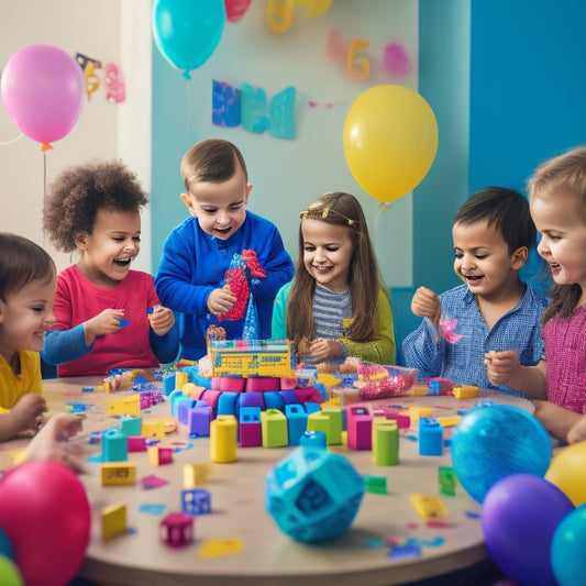 A colorful illustration of happy children aged 4-6 gathered around a table, playing with numbered blocks, counting bears, and dice, surrounded by confetti and balloons.