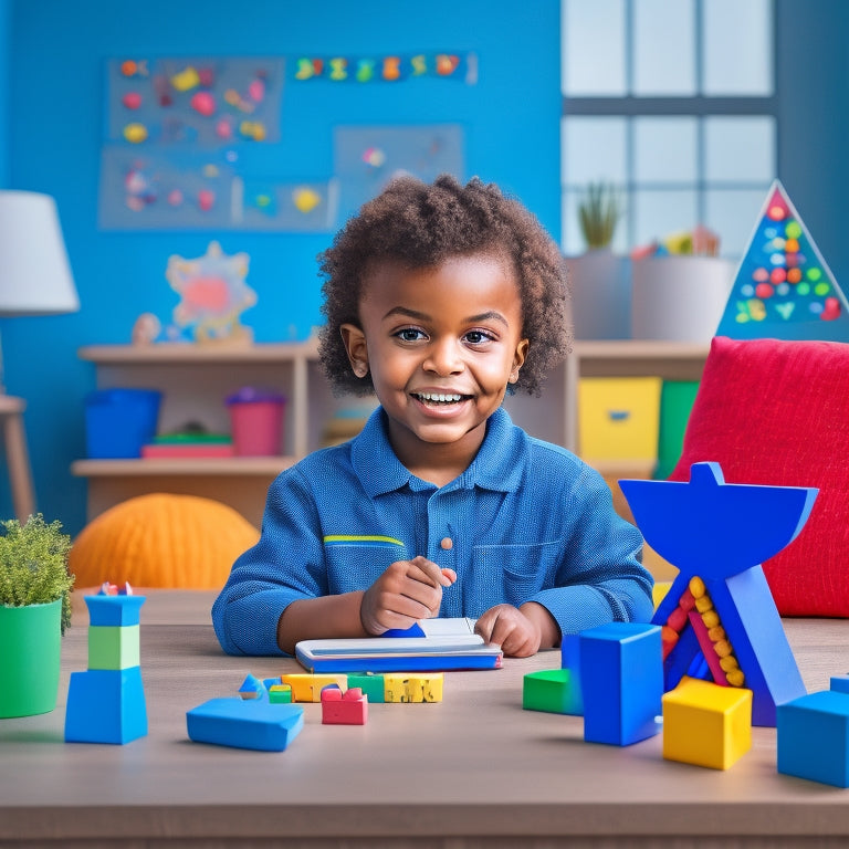 An illustration of a happy, curious child sitting at a desk, surrounded by colorful math-related objects like blocks, shapes, and a tablet with a math app open, amidst a cozy homeschooling environment.