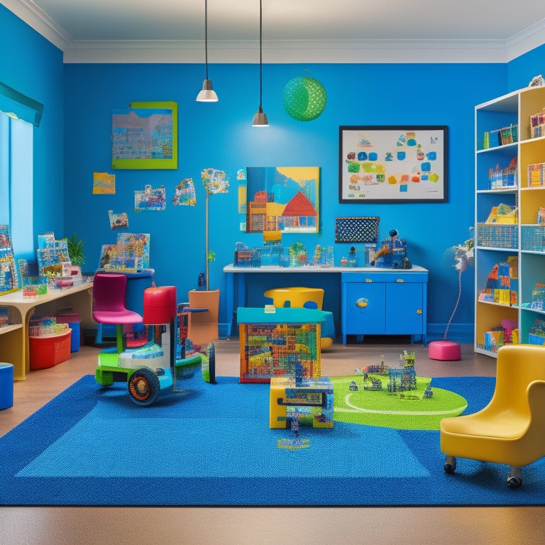 A colorful playroom with a diverse group of children aged 4-12, surrounded by STEM toys, including a robot, coding blocks, microscope, and magnetic tiles, with a cityscape and coding charts on the walls.