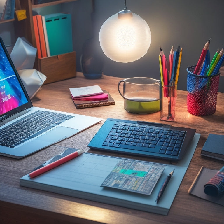 A clutter-free desk with a laptop, a notebook, and a pencil, surrounded by subtle, colorful math-related icons (e.g., geometric shapes, fractions symbols) and a warm, gentle lighting effect.