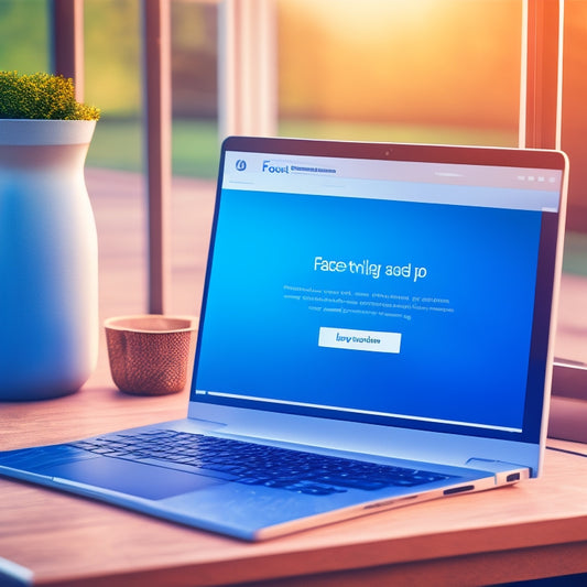 A stylized illustration of a Facebook login page on a laptop screen, with a subtle glow and a faint Facebook logo in the background, surrounded by minimalist, curved lines and gentle shadows.