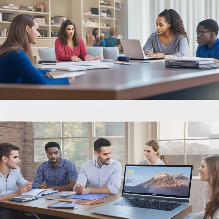 Illustrate a split-screen image featuring a laptop on the left with multiple windows open, displaying different online textbooks and digital sticky notes, and a diverse group of students collaborating on a virtual whiteboard on the right.