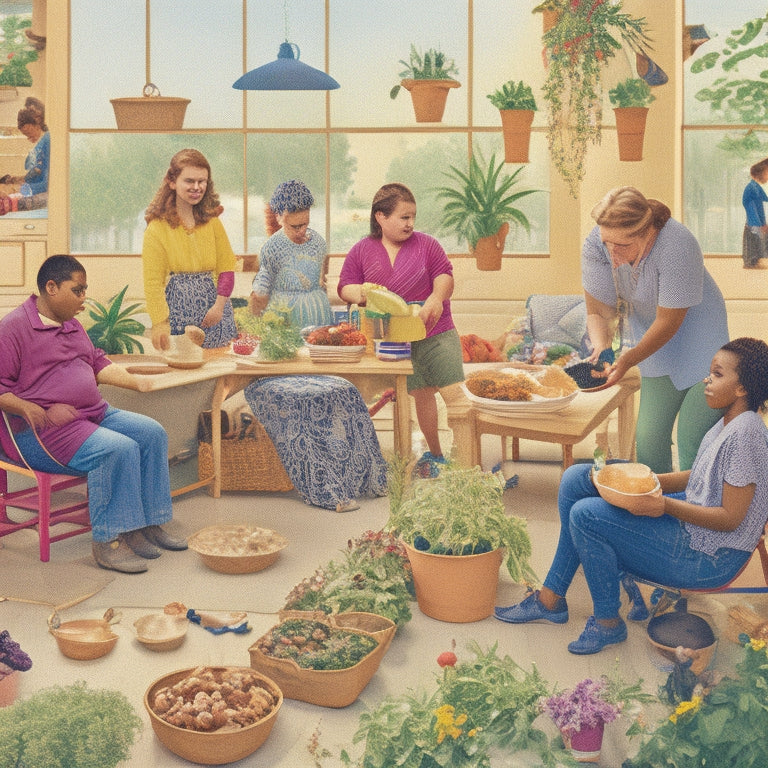 A vibrant illustration of diverse special needs students engaging in various life skills activities, such as cooking, gardening, and using assistive technology, surrounded by supportive educators and peers.