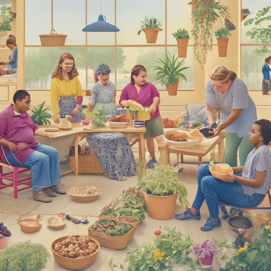 A vibrant illustration of diverse special needs students engaging in various life skills activities, such as cooking, gardening, and using assistive technology, surrounded by supportive educators and peers.