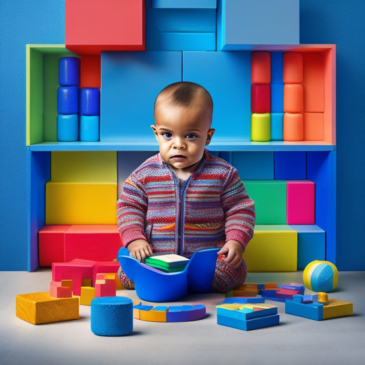 A colorful illustration of a toddler surrounded by various educational tablets, with a subtle background of building blocks, alphabet letters, and subtle learning-themed patterns.