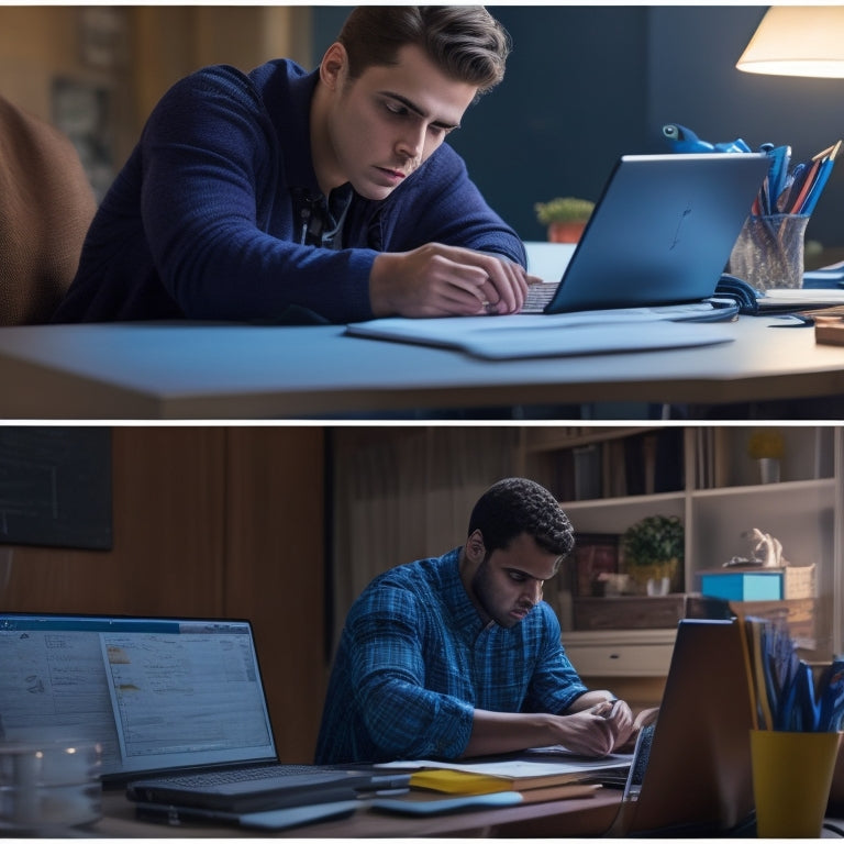 A split-screen image featuring a frustrated student sitting at a cluttered desk surrounded by algebra textbooks and worksheets on one side, and a calm student sitting in front of a laptop with a virtual whiteboard and algebra equations on the other.