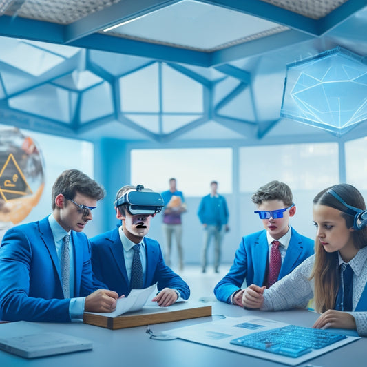 A futuristic classroom with students wearing VR headsets, surrounded by 3D math problems and geometric shapes, with floating calculators and mathematical symbols orbiting their heads.