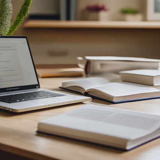 A minimalist illustration of a laptop on a desk with an open math textbook and a few scattered pencils, surrounded by subtle hints of a college campus in the blurred background.