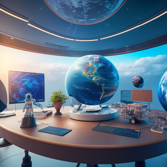 A futuristic virtual classroom with 3D robotic arms, tablets, and VR headsets surrounding a holographic globe, surrounded by orbiting planets and formulas floating in mid-air.