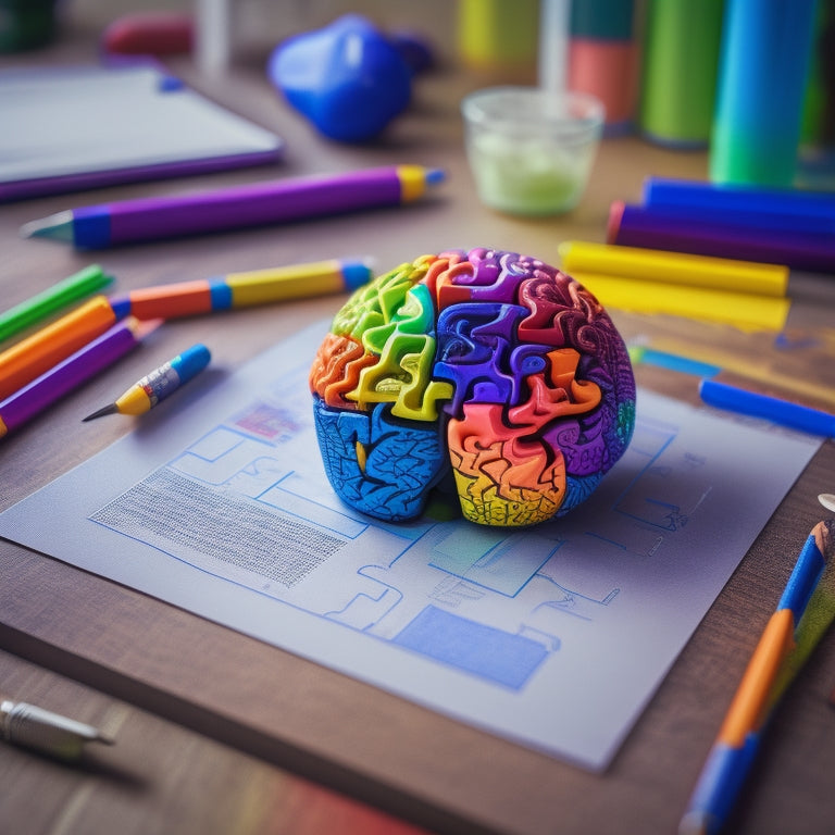 A colorful illustration of a puzzle piece fitting into a brain, surrounded by swirling math symbols, with a subtle background of a 6th-grade student's desk cluttered with worksheets and pencils.