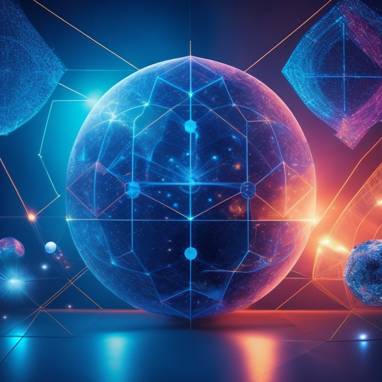 A futuristic, minimalist background with a large, glowing geometric shape, surrounded by orbiting math symbols (+, -, x, /) and various digital devices (tablets, laptops, smartphones) connected by swirling lines and pulses.