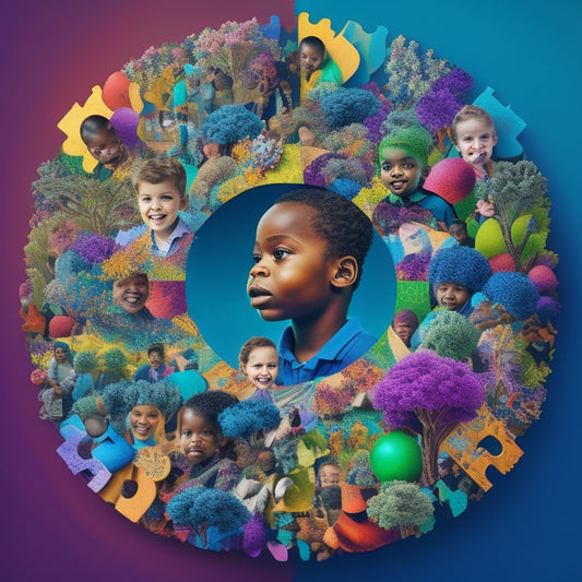 A colorful, stylized illustration of a puzzle piece fitting into place, surrounded by diverse children's faces with unique abilities, amidst swirling shapes and lines representing different learning styles.