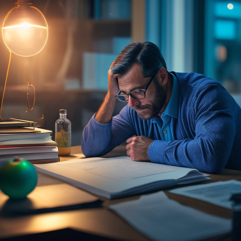 An illustration of a stressed adult sitting at a desk, surrounded by scattered math textbooks and papers, with a laptop open in front of them, and a subtle, glowing light emanating from the screen.