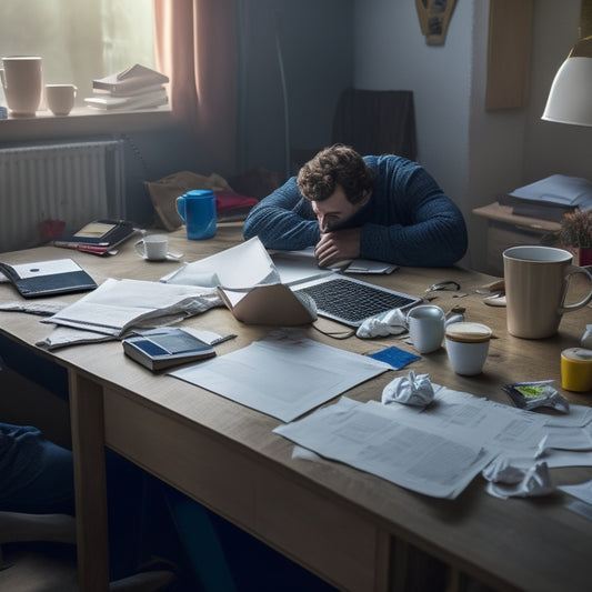 A cluttered college dorm room desk with a laptop open to a math problem website, surrounded by crumpled up papers, empty coffee cups, and a frustrated student sitting in front of it with their head in their hands.