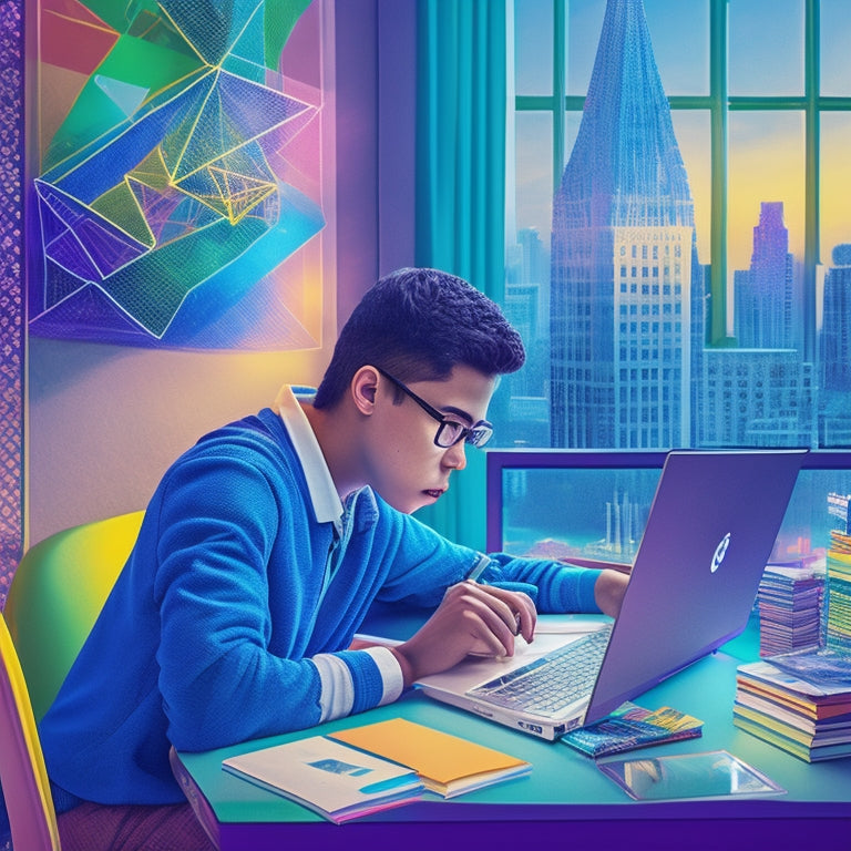 An illustration of a 9th-grade student sitting at a desk, surrounded by math textbooks and pencils, with a laptop open to a colorful online game, featuring geometric shapes and numbers, with a subtle background of a cityscape.