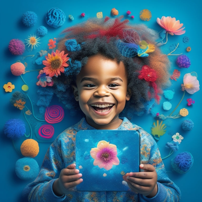 A whimsical illustration of a smiling child surrounded by swirling shapes and colors, with a tablet displaying a puzzle, a brain with glowing neurons, and a blooming flower, set against a soft, blue background.