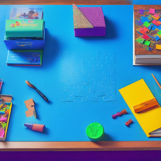 A colorful, clutter-free illustration of a 4th grader's desk, featuring an open logic puzzle book, a partially completed puzzle, and scattered puzzle pieces, with a subtle brain outline in the background.