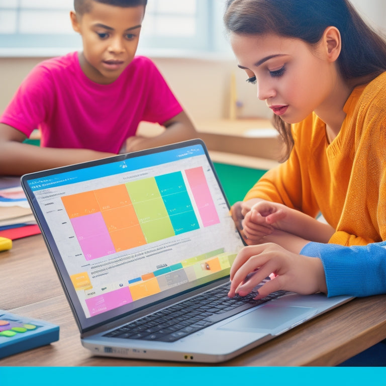 A colorful, modern illustration of a laptop or tablet with an open math worksheet on the screen, surrounded by scattered math problems, pencils, and a satisfied student in the background.