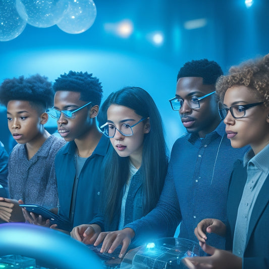 An image depicting a diverse group of students of varying ages and abilities engaging with a futuristic, glowing interactive platform, surrounded by floating 3D models, virtual reality headsets, and tablets.