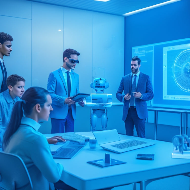 A futuristic classroom with holographic projections, students wearing VR headsets, and a teacher standing in front of a digital whiteboard, surrounded by robots and coding workstations.