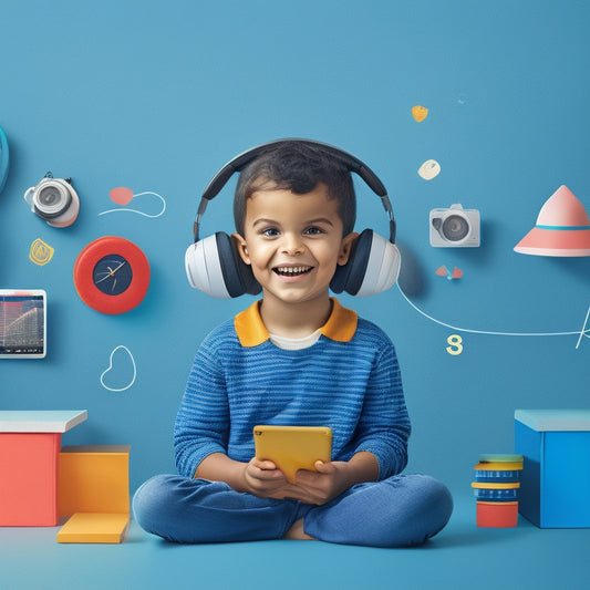 A colorful, minimalist illustration of a smiling child surrounded by digital devices, headphones, and icons of educational apps, with a subtle background of subtle coding patterns and gentle, swirling shapes.