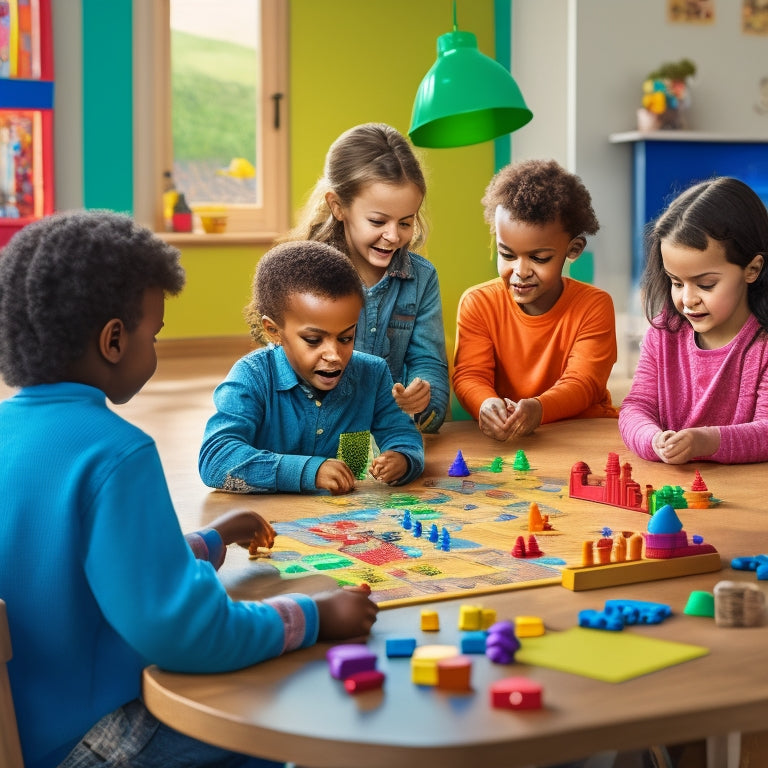 A colorful, clutter-free playroom with a wooden board game on a low table, surrounded by happy, diverse children aged 6-10, engaged in gameplay, with math-themed game pieces and tokens scattered around.