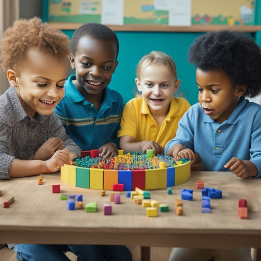 A colorful, clutter-free table with a wooden Montessori Hundred Board at its center, surrounded by smiling children of diverse ages and skin tones, engaged in math activities with counting beads and cubes.