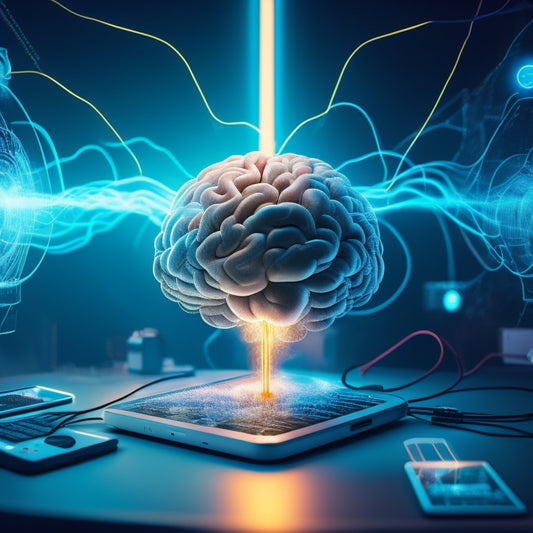 A futuristic illustration of a glowing brain surrounded by swirling clouds of 1s and 0s, with screens, smartphones, and headphones orbiting around it, connected by vibrant, pulsing wires.
