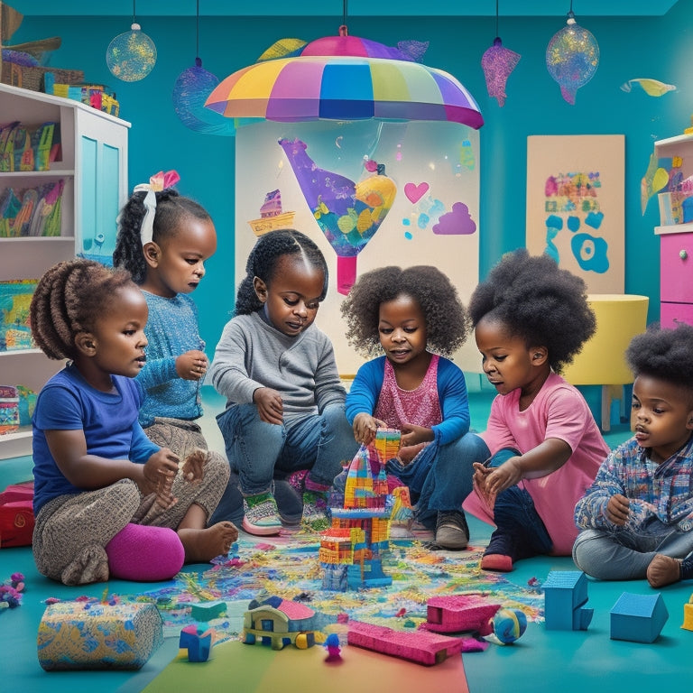 A colorful, whimsical illustration of diverse children (ages 4-8) engaged in various play activities: building blocks, puzzles, dress-up, and outdoor games, surrounded by thought bubbles and lightbulbs, amidst a vibrant, messy playroom.