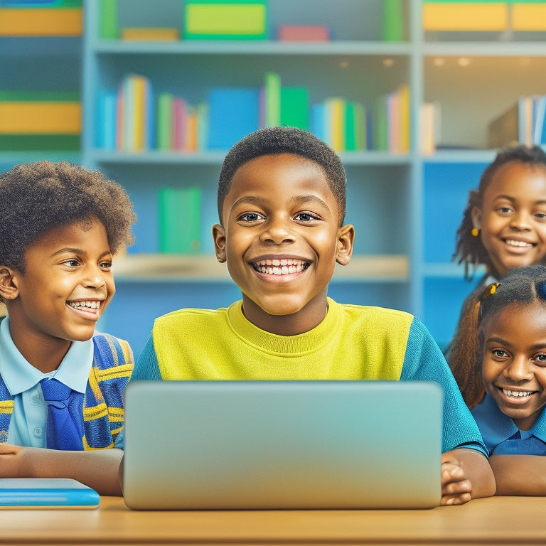 A colorful, organized illustration of a smiling elementary student sitting at a desk, surrounded by open laptops and tablets displaying various educational websites and apps, with a subtle background of a school or library.